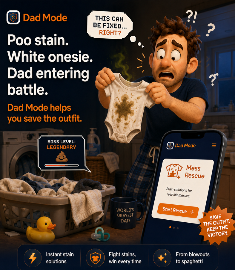 Dad Mode — Poo stain on white onesie, dad entering battle mode with Mess Rescue