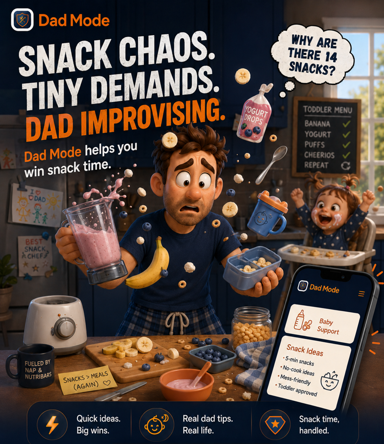 Dad Mode — Snack chaos in the kitchen, tiny demands, dad improvising with the Snack Hub