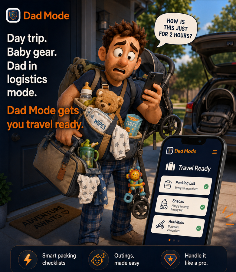 Dad Mode — Day trip with baby gear everywhere, dad in logistics mode using Travel Ready